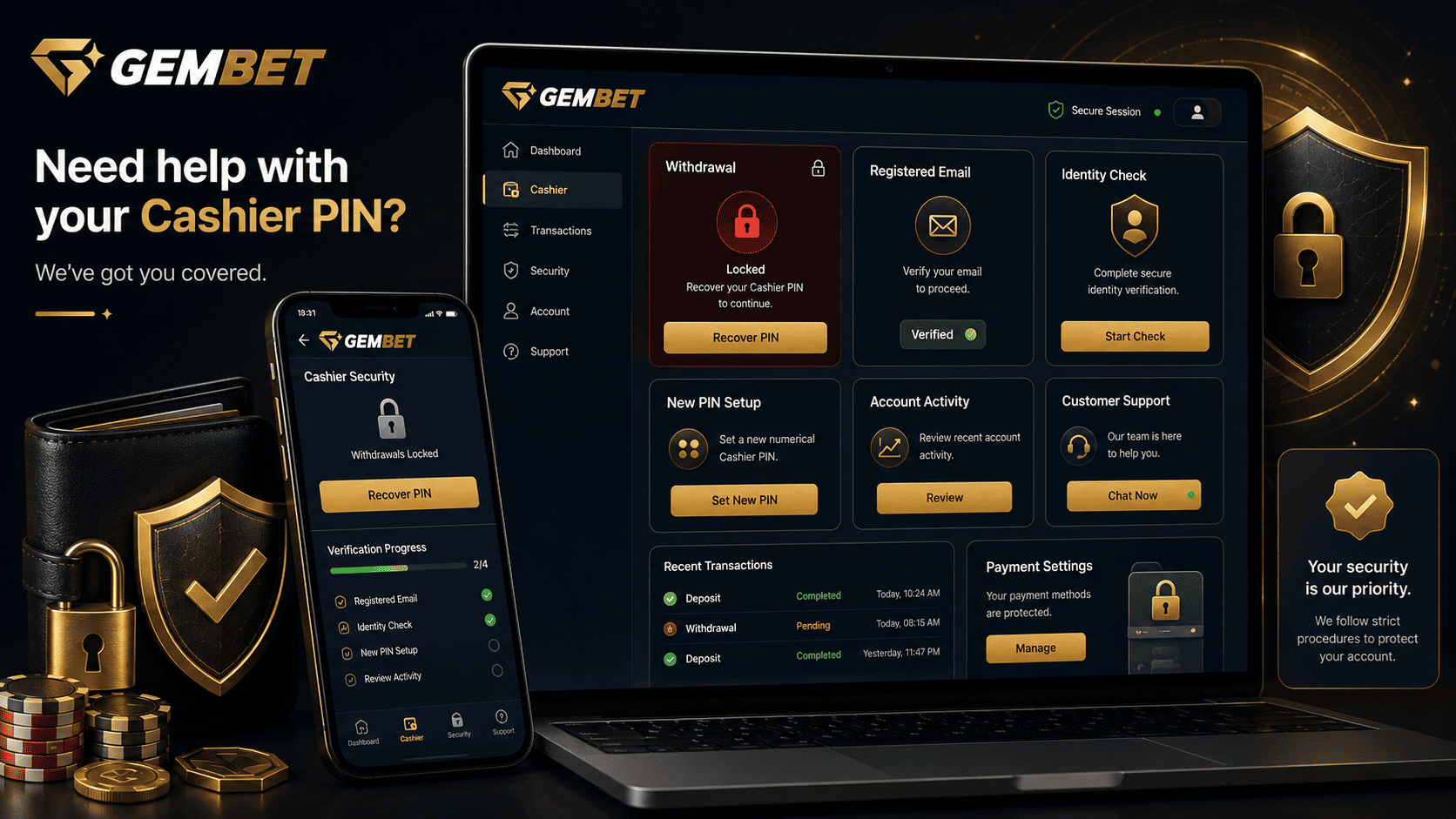 Gembet help for forgotten cashier PINs