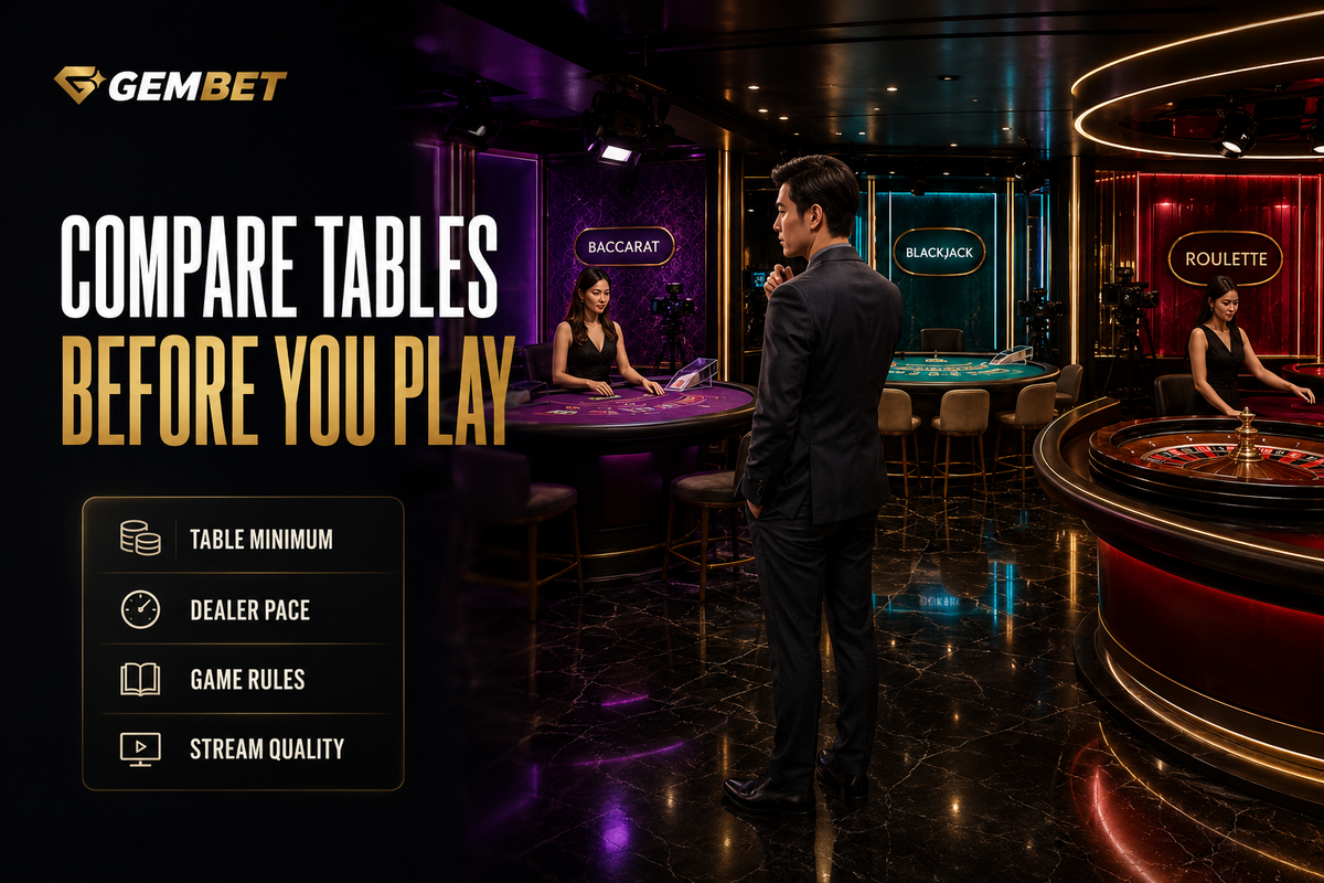 Dealer tables inside the Gembet live casino lobby